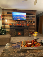 Load image into Gallery viewer, Shown face is  6" Shiplap side, With 3 medium browns 1 dark brown and 2 grays for that perfect Weathered Wood look. Reversible your choice during install.